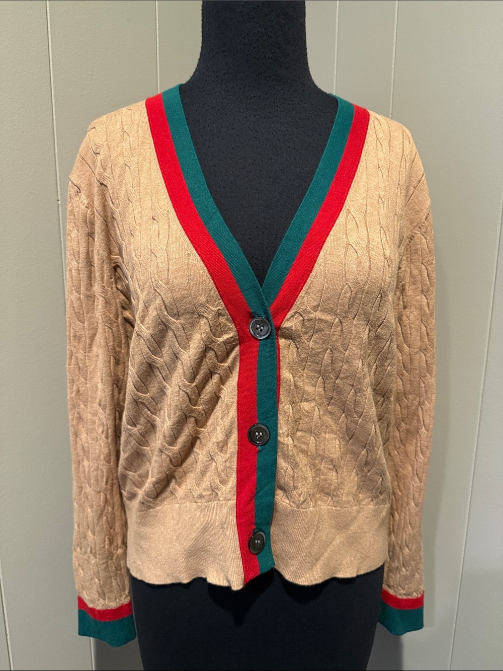 J. Society Women’s Small Beige Cable-Knit Cardigan with Red & Green Trim
